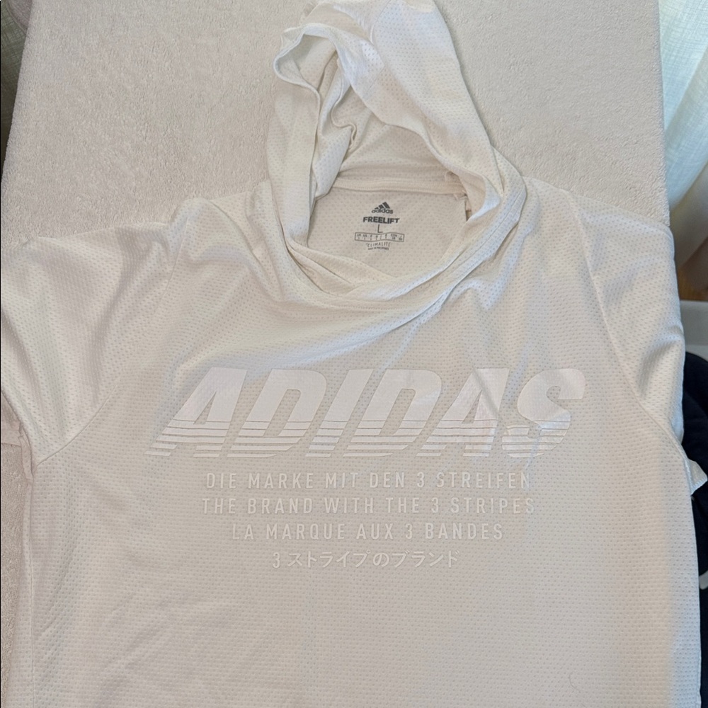 Adidas White Shortsleeved Mesh Hoodie with Text Design